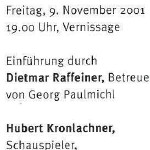 Hubert Kronlachner liest ausgewählte Texte - am 09.11.2001, Lesung und Konzert, Zürich, Kirche des Schweizerischen Epilepsie-Zentrums